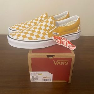 Women’s Size 9 Men’s Size 7.5 Yellow Checkered Vans Slip On Sneakers - Brand New